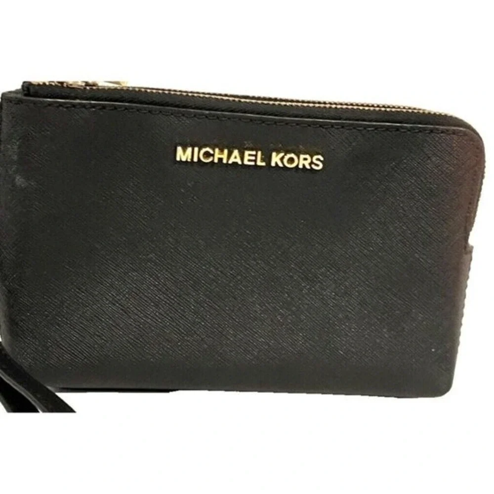 Michael Kors Black Leather Double Zip Wristlet‎ Wallet Clutch Purse Gold Tone